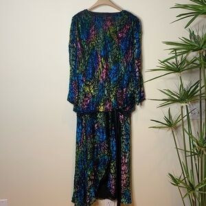 Vintage Drop Waist Bow Burnout Colorful Shimmer Velvet Beaded “Peacock” Dress M